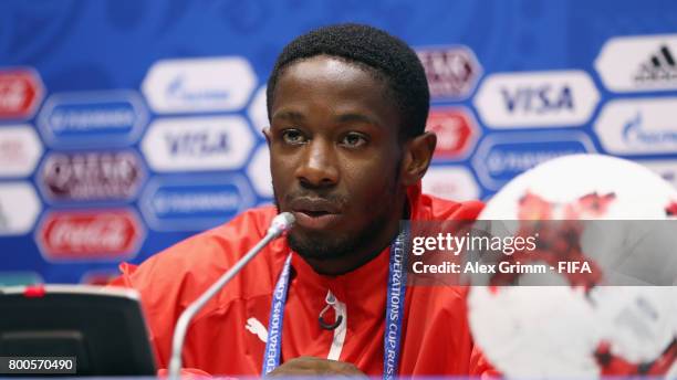 Arnaud Djoum attends a Cameroon press conference at Fisht Olympic Stadium ahead of their FIFA Confederations Cup Russia 2017 Group B match against...