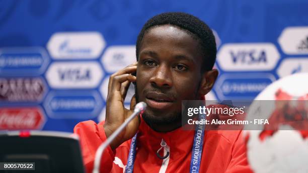 Arnaud Djoum attends a Cameroon press conference at Fisht Olympic Stadium ahead of their FIFA Confederations Cup Russia 2017 Group B match against...