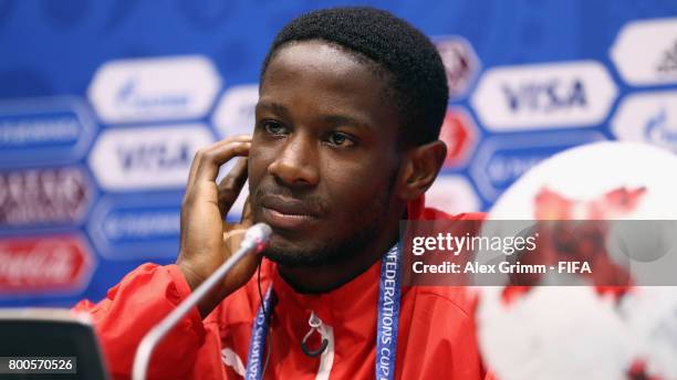 Arnaud Djoum attends a Cameroon press conference at Fisht Olympic Stadium ahead of their FIFA Confederations Cup Russia 2017 Group B match against...