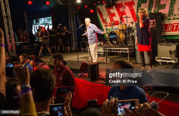 Labour leader Jeremy Corbyn speaks at the Leftfield stage on day 3 of the Glastonbury Festival 2017 at Worthy Farm, Pilton on June 24, 2017 in...