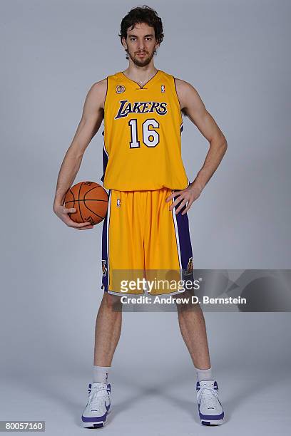 Pau Gasol of the Los Angeles Lakers poses for a portrait prior to the game against the Miami Heat at Staples Center February 28, 2008 in Los Angeles,...