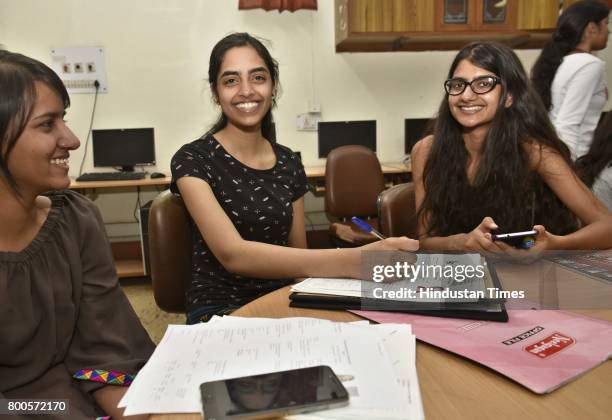 Delhi Topper Raksha Gopal with her friends during an admission process for the new Academic Year 2017-18, at Lady Shri Ram College, on June 24, 2017...