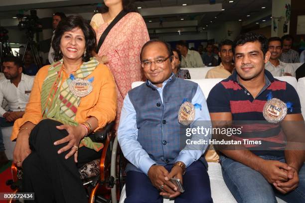 Wrestler Sushil Kumar and paralympian Deepa Malik during the launch of Neele Pankh, an initiative by Police Families Welfare Society to make sports a...