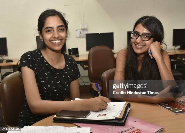 Delhi Topper Raksha Gopal with her friends during an admission process for the new Academic Year 2017-18, at Lady Shri Ram College, on June 24, 2017...