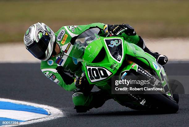 Makato Tamada of Japan and Kawasaki PSG-1 Corse takes a corner during practice for round two of the Superbike World Championship at the Phillip...