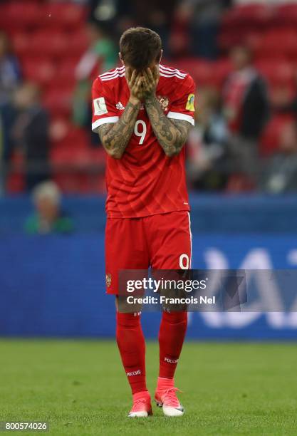 Fedor Smolov of Russia shows dejection after the FIFA Confederations Cup Russia 2017 Group A match between Mexico and Russia at Kazan Arena on June...