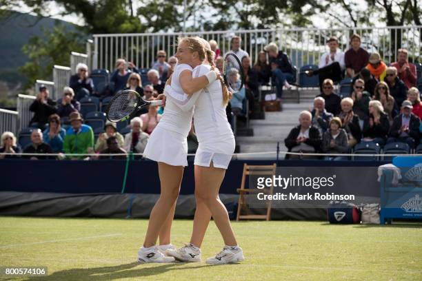 Anna Blinkova Alla Kudryavtseva of Russia celebrate winning the women doubles final during the Aegon Ilkley Trophy on June 24, 2017 in Ilkley,...