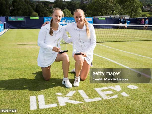 Anna Blinkova Alla Kudryavtseva of Russia with their women doubles final winners trophies during the Aegon Ilkley Trophy on June 24, 2017 in Ilkley,...