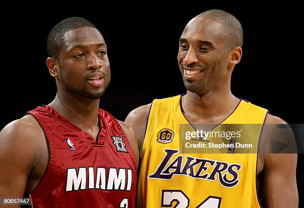 Dwyane Wade of the Miami Heat and Kobe Bryant of the Los Angeles Lakers talk during a break in the game on February 28, 2008 at Staples Center in Los...