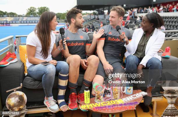 Netherlands players speak on the social sofa after the semi-final match between England and the Netherlands on day eight of the Hero Hockey World...