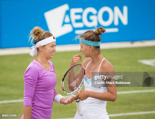 Paula Kania of Poland and Maryna Zanevska of Belgium during the womens doubles final during the Aegon Ilkley Trophy on June 24, 2017 in Ilkley,...