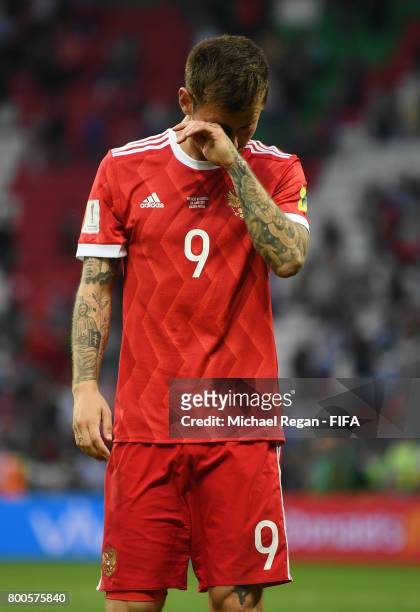 Fedor Smolov of Russia is dejected after the FIFA Confederations Cup Russia 2017 Group A match between Mexico and Russia at Kazan Arena on June 24,...