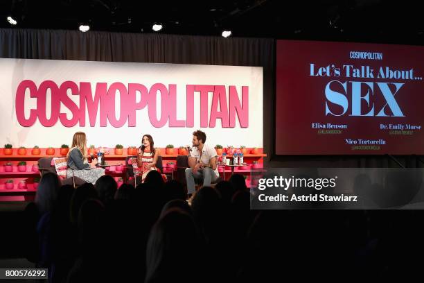 Dr. Emily Morse and Nico Tortorella speak on stage during the Cosmopolitan: Let's Talk About It Event on June 24, 2017 in New York City.