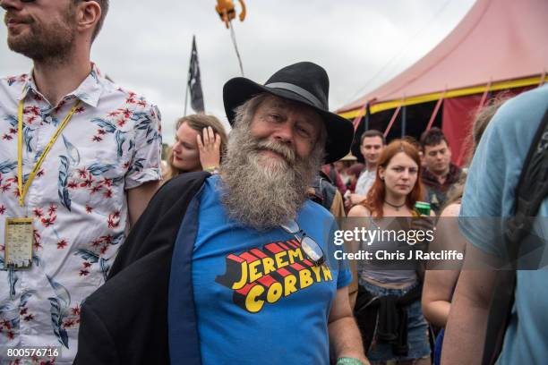 Man is seen wearing a Jeremy Corbyn t-shirt as crowds exit the Left Field Stage after watching Labour Party leader Jeremy Corbyn speak at Glastonbury...