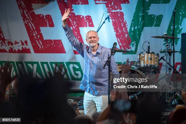 Labour Party leader Jeremy Corbyn speaks to crowds at Left Field Stage at Glastonbury Festival Site on June 24, 2017 in Glastonbury, England. Labour...