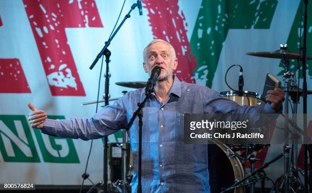 Labour Party leader Jeremy Corbyn speaks to crowds at Left Field Stage at Glastonbury Festival Site on June 24, 2017 in Glastonbury, England. Labour...