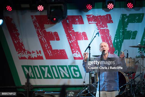 Labour Party leader Jeremy Corbyn speaks to crowds at Left Field Stage at Glastonbury Festival Site on June 24, 2017 in Glastonbury, England. Labour...