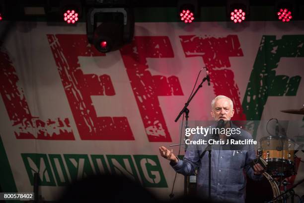 Labour Party leader Jeremy Corbyn speaks to crowds at Left Field Stage at Glastonbury Festival Site on June 24, 2017 in Glastonbury, England. Labour...