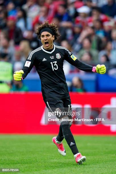 Guillermo Ochoa of Mexico reacts during the FIFA Confederations Cup Russia 2017 group A football match between Mexico and Russia at Kazan Arena on...