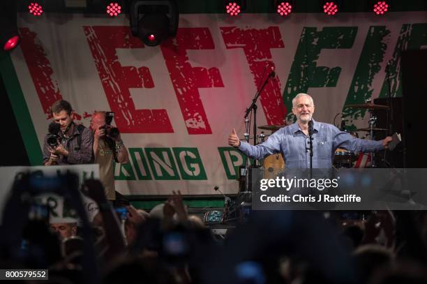 Labour Party leader Jeremy Corbyn speaks to crowds at Left Field Stage at Glastonbury Festival Site on June 24, 2017 in Glastonbury, England. Labour...