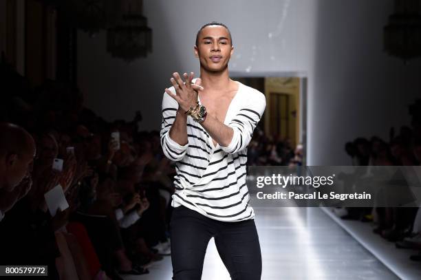 Olivier Rousteing walks the runway during the Balmain Menswear Spring/Summer 2018 show as part of Paris Fashion Week on June 24, 2017 in Paris,...