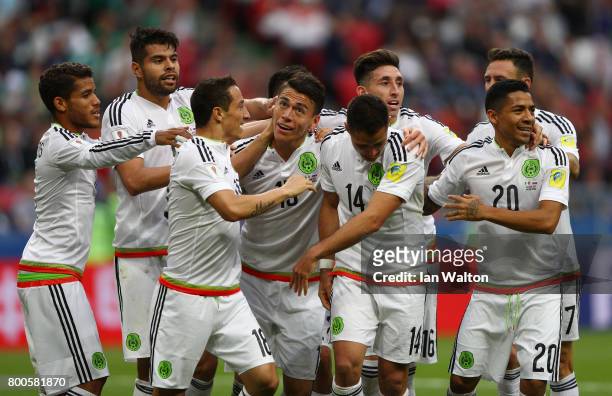 Hector Moreno of Mexico celebrates a disallowed goal with his Mexico team mates during the FIFA Confederations Cup Russia 2017 Group A match between...