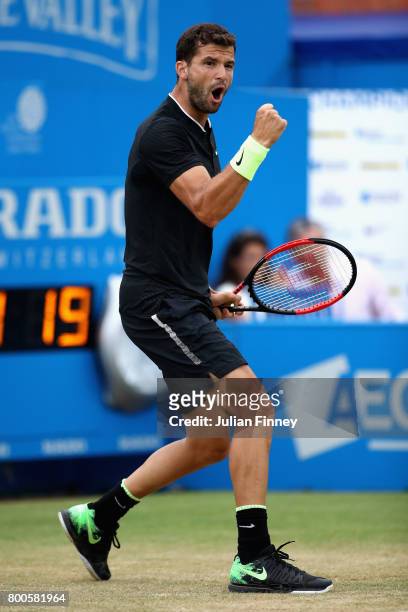 Grigor Dimitrov of Bulgaria celebrates winning a break point during the mens singles semi-final match against Feliciano Lopez of Spain on day six of...