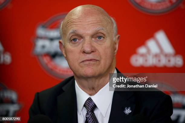 Toronto Maple Leafs general manager Lou Lamoriello speaks to the media after the 2017 NHL Draft at the United Center on June 24, 2017 in Chicago,...