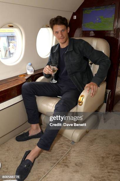 Danny Beauchamp arrives via private jet Falcon 2000 from Gama Aviation ahead of the Jersey Style Awards 2017 in association with Chopard on June 24,...