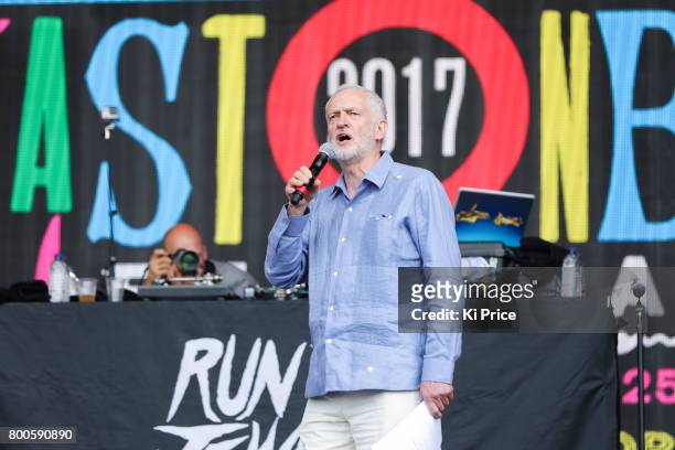 Labour Party Leader Jeremy Corbyn speaks on the Pyramid stage on day 3 of the Glastonbury Festival 2017 at Worthy Farm, Pilton on June 24, 2017 in...