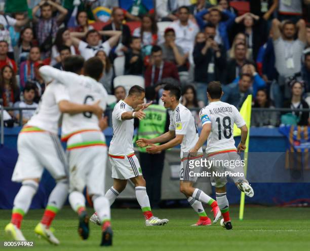 Hirving Lozano celebrates his goal with teammates during the Group A - FIFA Confederations Cup Russia 2017 match between Russia and Mexico at Kazan...