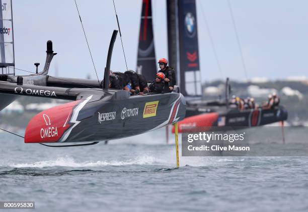 Emirates Team New Zealand helmed by Peter Burling in action against Oracle Team USA skippered by Jimmy Spithill during day 3 of the Americas Cup...