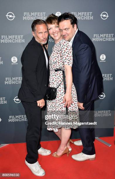 Actor Benno Fuermann, Lina Beckmann and Charly Huebner attend the 'Fuehlen Sie sich manchmal ausgebrannt und leer?' Premiere during Munich Film...