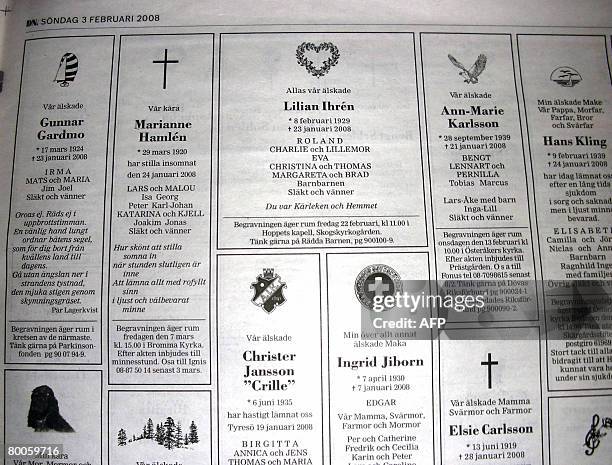 By Francis Kohn SWEDEN-DEATH-MEDIA Picture taken on February 3, 2008 shows the obituary announcements in the Swedish newspaper DN. In Sweden, it is...