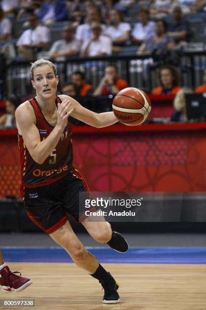 Kim Mestdagh of Belgium in action during the FIBA EuroBasket 2017 women's semifinal match between Spain and Belgium at Prague Arena in Prague, Czech...