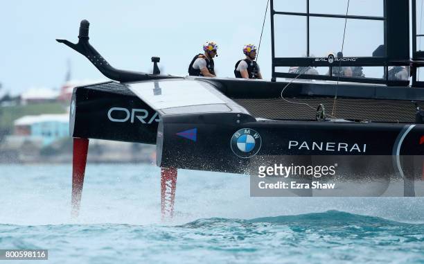 Skippered by Jimmy Spithill races against Emirates Team New Zealand helmed by Peter Burling in race 5 on day 3 of the America's Cup Match Presented...