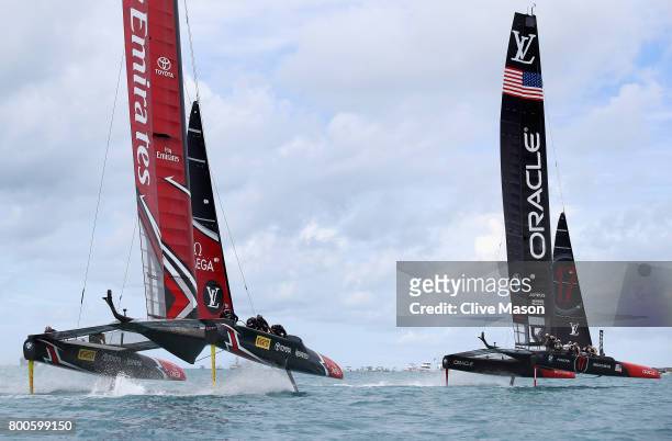 Oracle Team USA skippered by Jimmy Spithill in action racing against Emirates Team New Zealand helmed by Peter Burling during day 3 of the Americas...