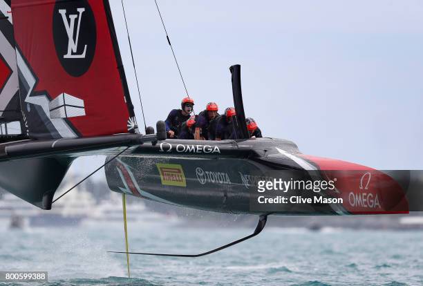 Emirates Team New Zealand helmed by Peter Burling in action racing against Oracle Team USA skippered by Jimmy Spithill on day 3 of the Americas Cup...