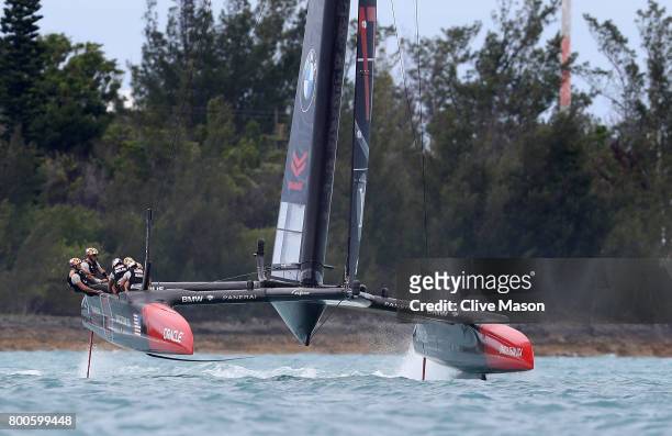 Oracle Team USA skippered by Jimmy Spithill in action racing during day 3 of the Americas Cup Match Presented by Louis Vuitton on June 24, 2017 in...