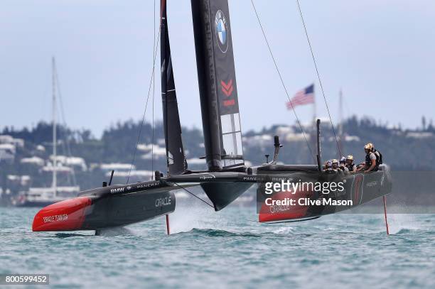 Oracle Team USA skippered by Jimmy Spithill in action racing during day 3 of the Americas Cup Match Presented by Louis Vuitton on June 24, 2017 in...