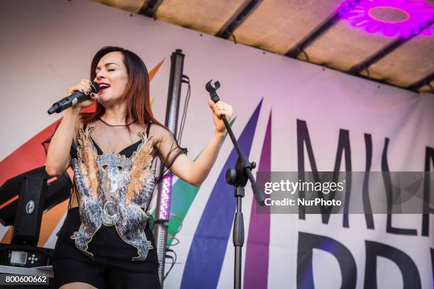 The italian singer Alexia picture on stage during the Milano Pride Parade on 24th June 2017: one hundred tousend people walking on the street for gay...