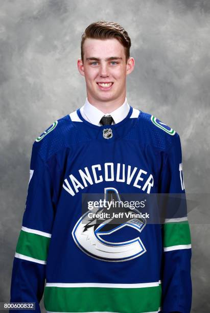 Kole Lind, 33rd overall pick of the Vancouver Canucks, poses for a portrait during the 2017 NHL Draft at United Center on June 24, 2017 in Chicago,...