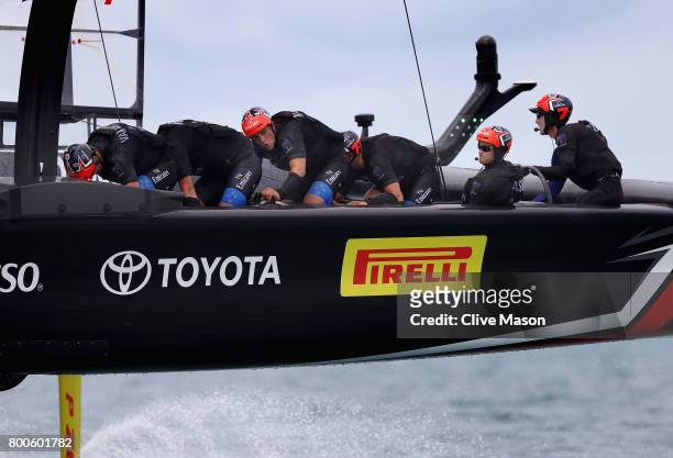 Emirates Team New Zealand helmed by Peter Burling in action racing against Oracle Team USA skippered by Jimmy Spithill on day 3 of the Americas Cup...