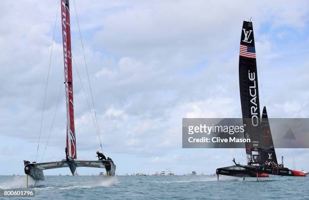 Oracle Team USA skippered by Jimmy Spithill in action racing against Emirates Team New Zealand helmed by Peter Burling during day 3 of the Americas...