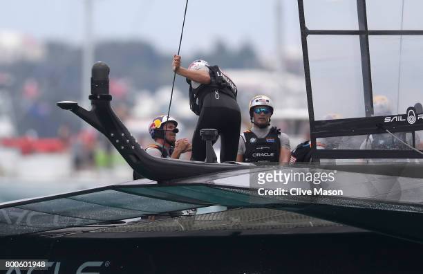 Oracle Team USA skippered by Jimmy Spithill celebrate a race win during day 3 of the Americas Cup Match Presented by Louis Vuitton on June 24, 2017...