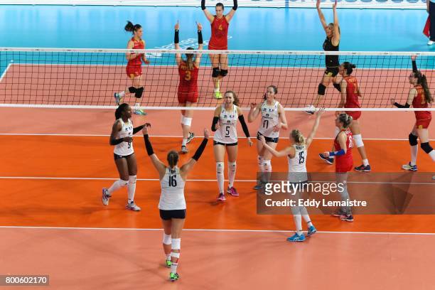 Joy of French Team after scoring during the Women's European league match between France and Montenegro on June 24, 2017 in Nantes, France.