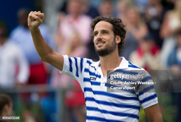 Feliciano Lopez of Spain celebrates his victory over Grigor Dimitrov of Bulgaria in their Men's Singles Semi Final Match during Day 6 of the Aegon...