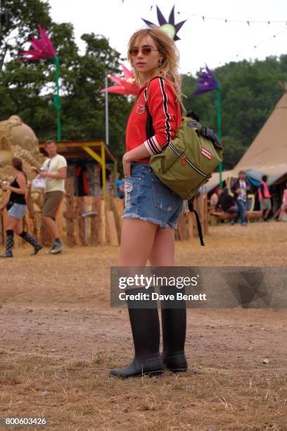 Suki Waterhouse attends day two of Glastonbury on June 24, 2017 in Glastonbury, England.