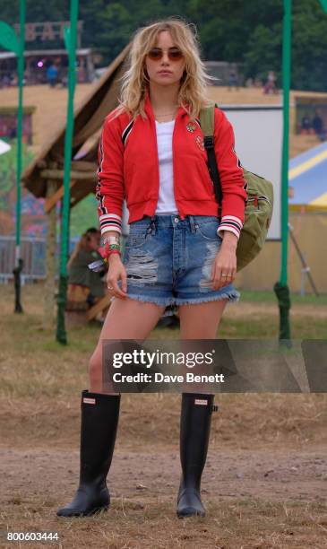 Suki Waterhouse attends day two of Glastonbury on June 24, 2017 in Glastonbury, England.