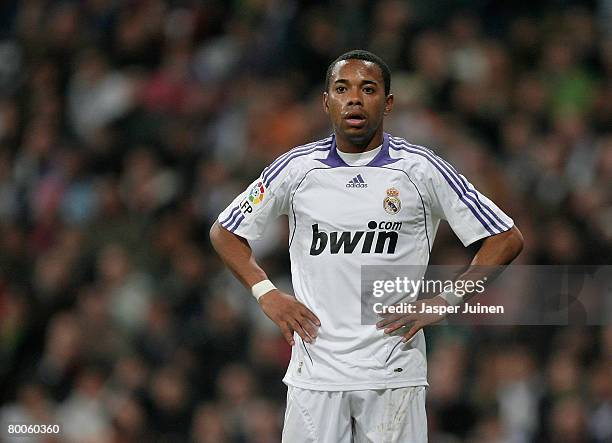 Robinho of Real Madrid reacts during the La Liga match between Real Madrid and Villarreal at the Santiago Bernabeu Stadium on January 27, 2008 in...